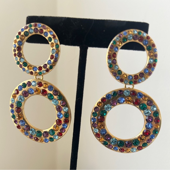 Multi Color Sparkly Rhinestone Dangle Earrings Rose Gold Tone Jewel Tones Runway - Picture 8 of 9